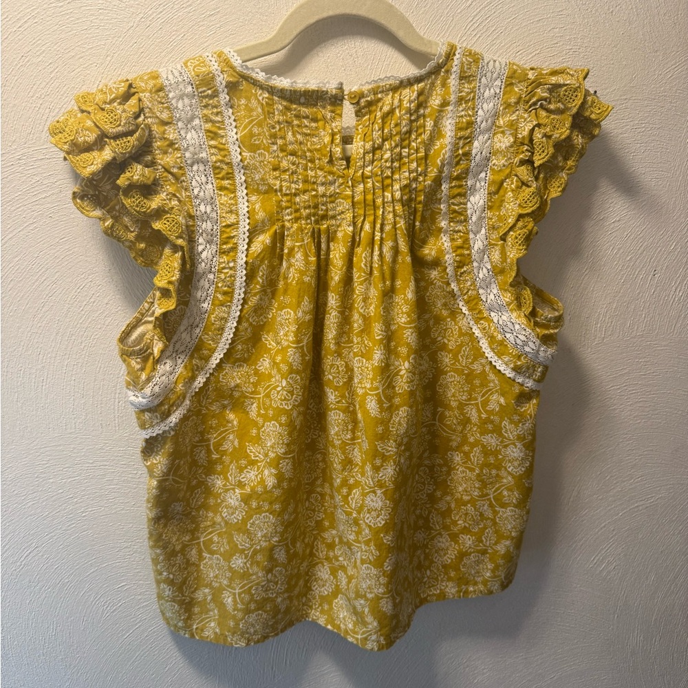Earthy Boho Yellow Cottagecore Top Mustard Floral Lace Cotton Blouse Spring M - Picture 2 of 4